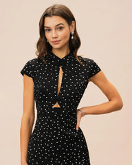 Black Mandarin Collar Polka Dot Midi Dress