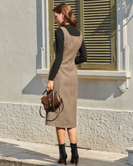 Brown A-Line Sleeveless Slit Midi Dress