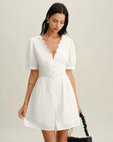 White V-Neck Ruched Mini Dress