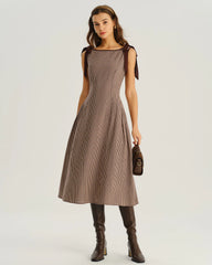 Brown Plaid Boat Neck A-Line Midi Dress
