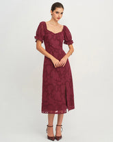 Wine Red Jacquard Slit Midi Dress