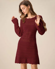 Wine Red Bell Sleeve A-Line Sweater Dress