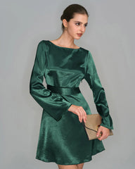 Green Boat Neck Satin Mini Dress