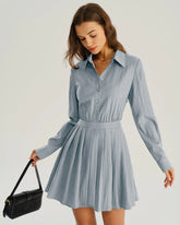 Blue Pleated A-Line Mini Dress
