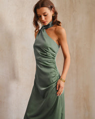Green Satin One Shoulder Maxi Dress