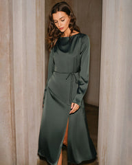 Green Satin Cowl Neck Slit Midi Dress