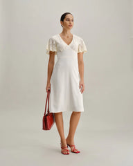 White Textured V-Neck Midi Dress