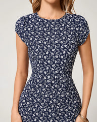 Blue Floral Cap Sleeve Midi Dress