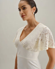 White Textured V-Neck Midi Dress