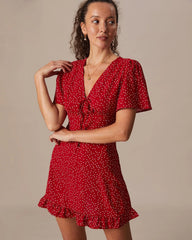 The Red V Neck Polka Dot Flounce Mini Dress