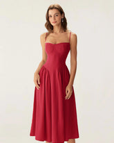 Red Square Neck Pocket Slip Midi Dress