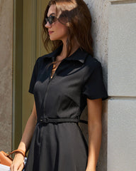 Black A-Line Belted Midi Dress