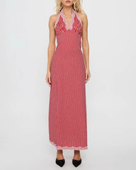 Red Plaid Halter Maxi Dress