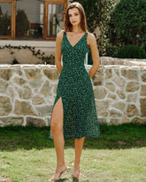 Green V Neck Floral Midi Dress