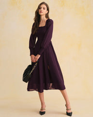 Purple Chiffon Shirred Lantern Sleeve Midi Dress