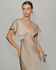 Apricot Satin V Neck A-Line Midi Dress