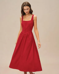 Red Square Neck Midi Dress