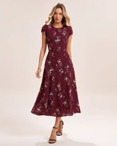 Wine Red Floral Midi Dress