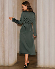 Green Satin Cowl Neck Slit Midi Dress