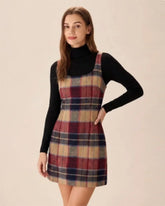 Red U Neck Plaid Mini Dress