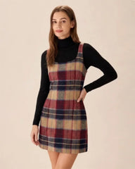 Red U Neck Plaid Mini Dress