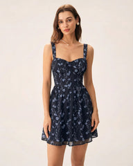 Navy Sweetheart Neck Floral Mini Dress