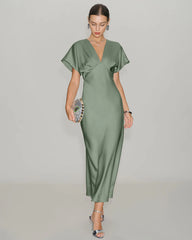 Green Satin V Neck A-Line Midi Dress