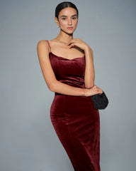 Wine Red Velour Slip Midi Dress