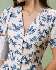Blue Floral V-Neck Button A-Line Mini Dress
