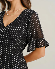 Black Polka Dot V Neck Ruffle Mini Dress