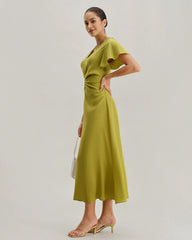 Green V Neck Ruffle Sleeve Midi Dress