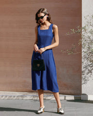 Blue Square Neck Pleated Sleeveless Midi Dress