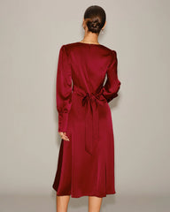 Wine Red Satin A-Line Midi Dress