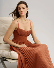 Caramel Sweetheart Neck Flowy Slip Maxi Dress