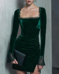 Green Velour Square Neck Mini Dress