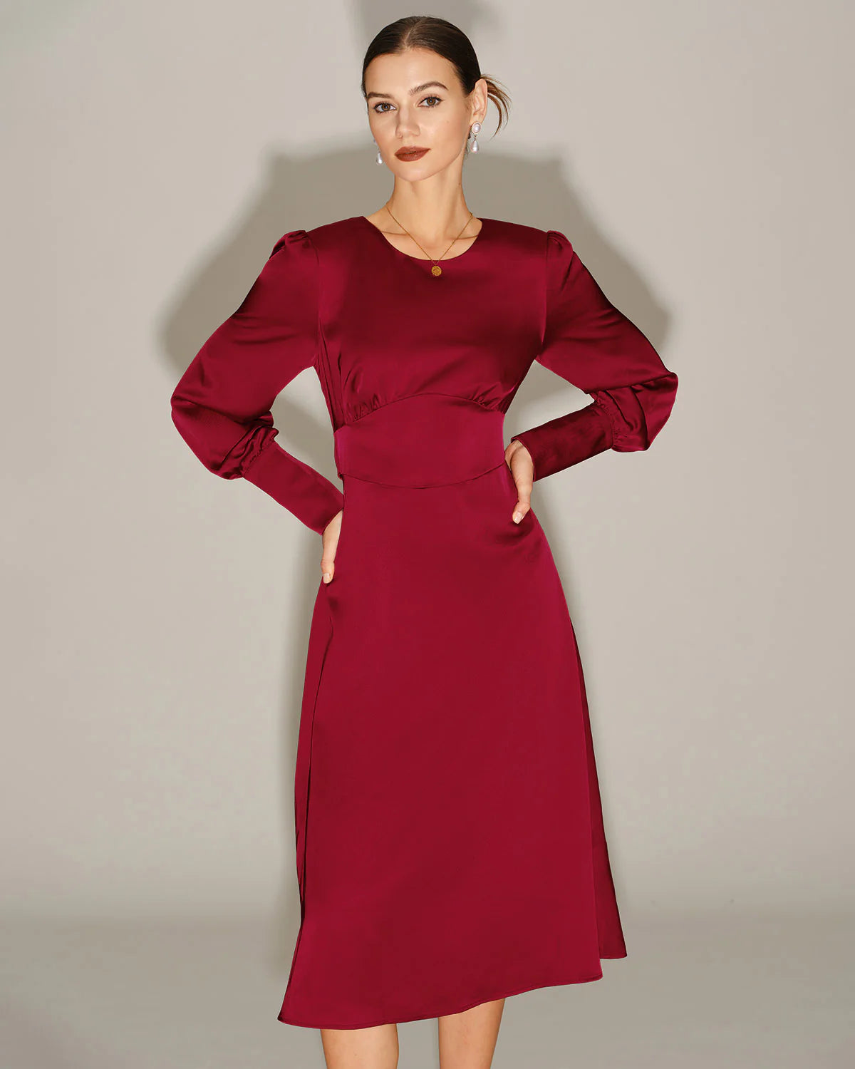 Wine Red Satin A-Line Midi Dress