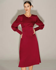 Wine Red Satin A-Line Midi Dress