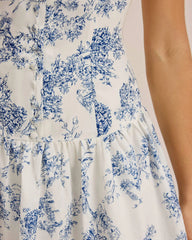Blue Floral Boat Neck Sleeveless Mini Dress