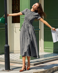 Blue Gingham Puffed Sleeve Midi Dress