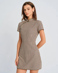 Brown Plaid A-Line Mini Dress