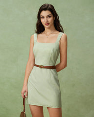 Green Plaid Square Neck Shirred Slip Mini Dress