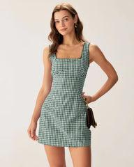Green Plaid Square Neck Slip Mini Dress