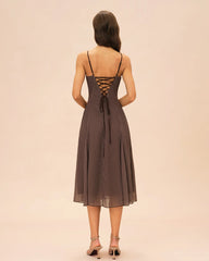 Brown Sweetheart Neck Plaid Slip Midi Dress