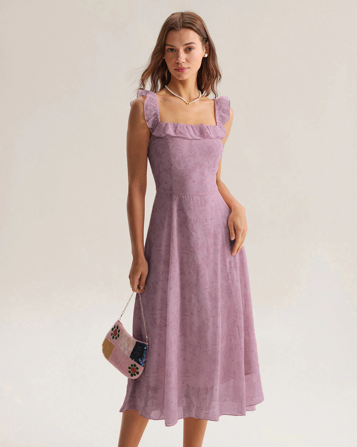 Purple Floral Square Neck Ruffle Slip Midi Dress