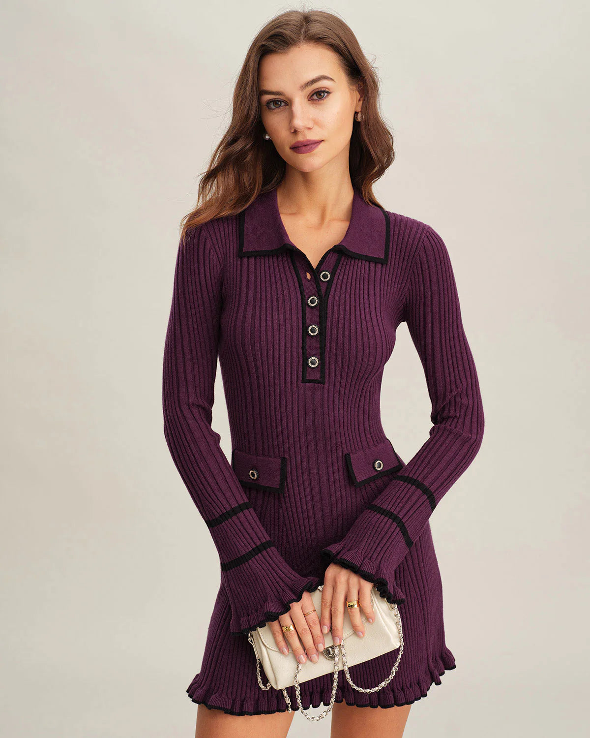 Purple  Contrasting Bell Sleeve Sweater Dress