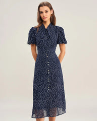 Navy Polka Dot Mock Neck Midi Dress