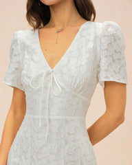 White V Neck Jacquard Mini Dress