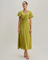 Green V Neck Ruffle Sleeve Midi Dress