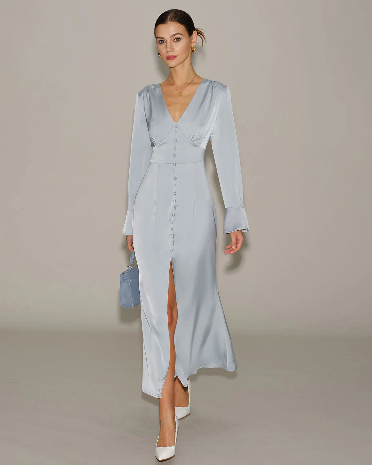 Grey Satin Bell Sleeve Maxi Dress