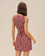 Red V Neck Floral Mini Dress